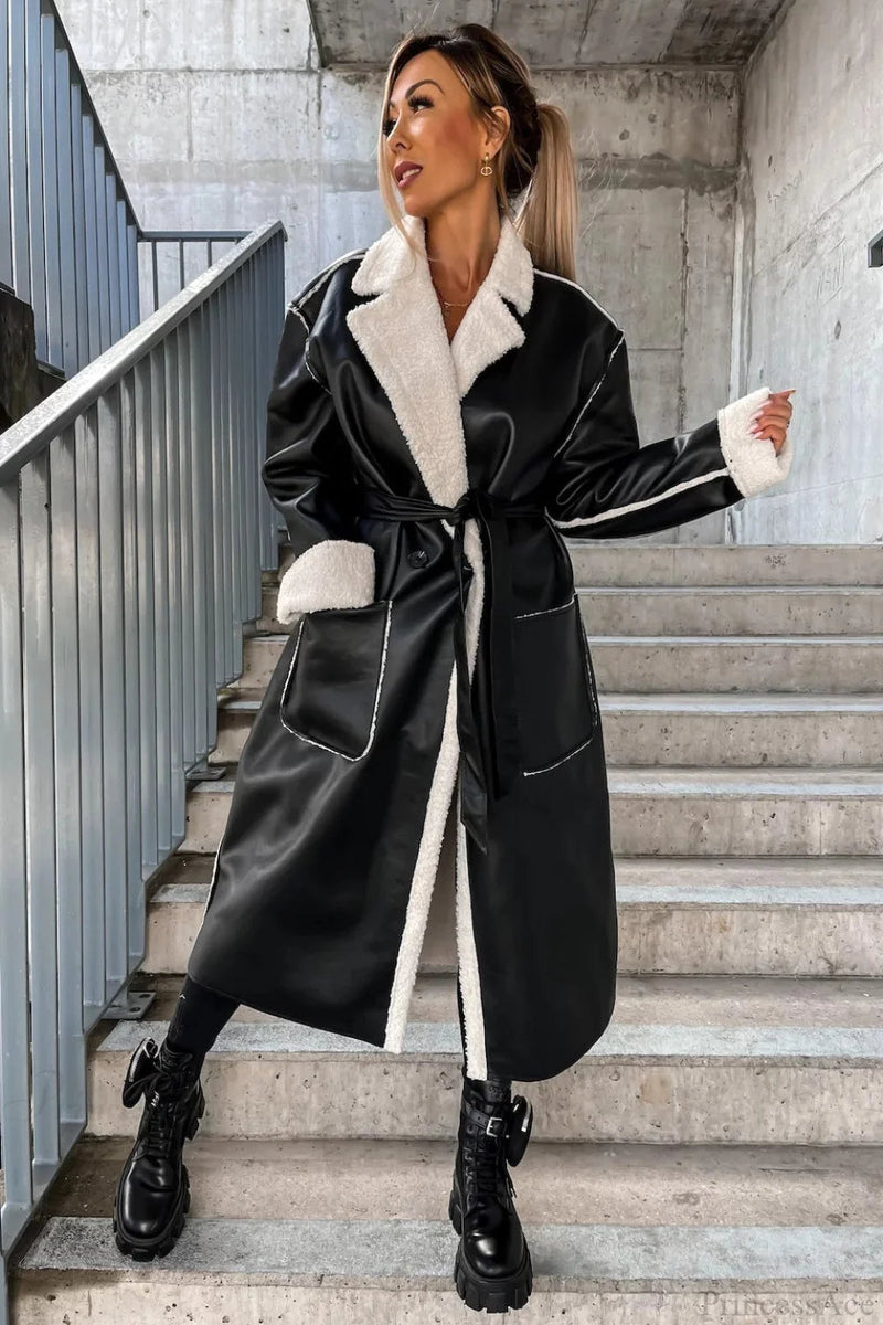 Leather Thickened Trench-inspired Relaxed Tie Waist Overcoat
