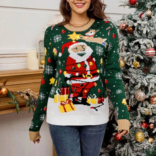 Led Light Autumn Winter Santa Jacquard Round Neck Retro Christmas Sweater