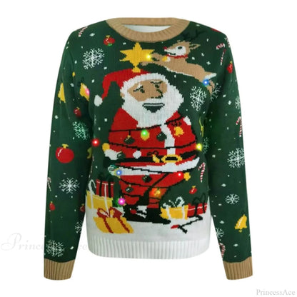 Led Light Autumn Winter Santa Jacquard Round Neck Retro Christmas Sweater