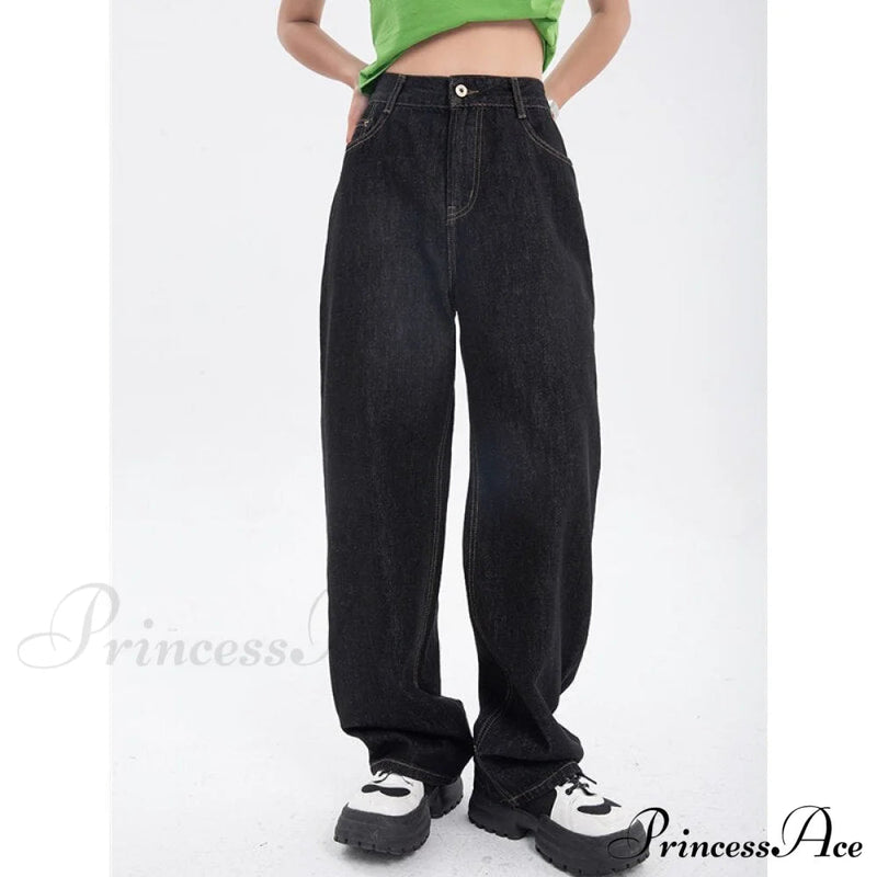 Leg High for Black Jean Straight Pants Trouser Wide Waist Denim -
