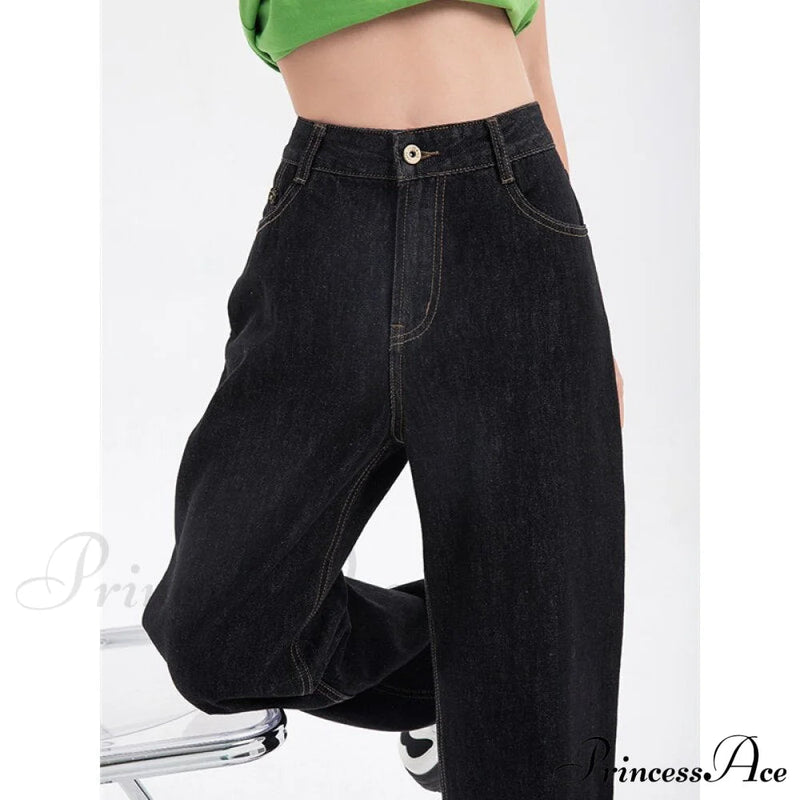 Leg High for Black Jean Straight Pants Trouser Wide Waist Denim -
