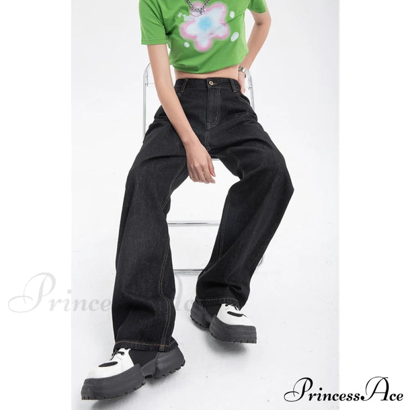 Leg High for Black Jean Straight Pants Trouser Wide Waist Denim -