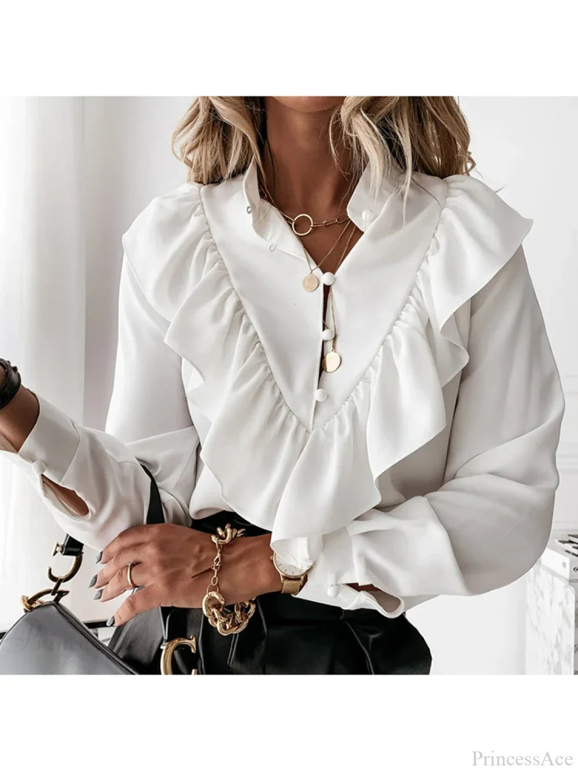Leopard Dot Print Ruffle V Neck Blouse