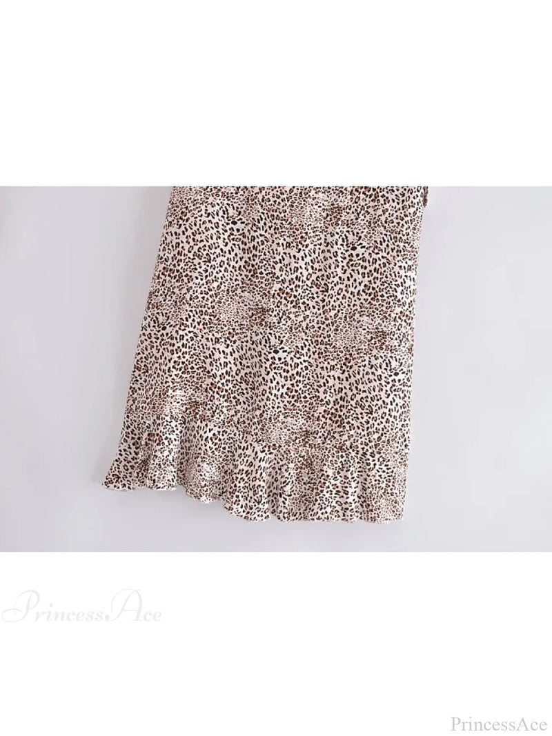Leopard Print Beach Skirt Ruffles Split Asymmetrical Maxi Skirt