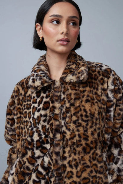 Leopard Print Faux Fur Collar Coat