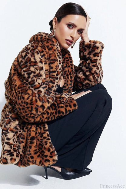 Leopard Print Faux Fur Collar Coat