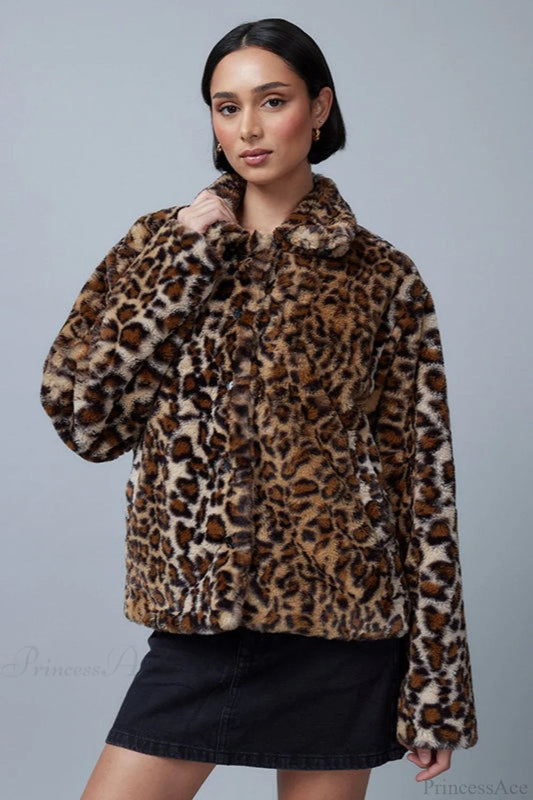 Leopard Print Faux Fur Collar Coat