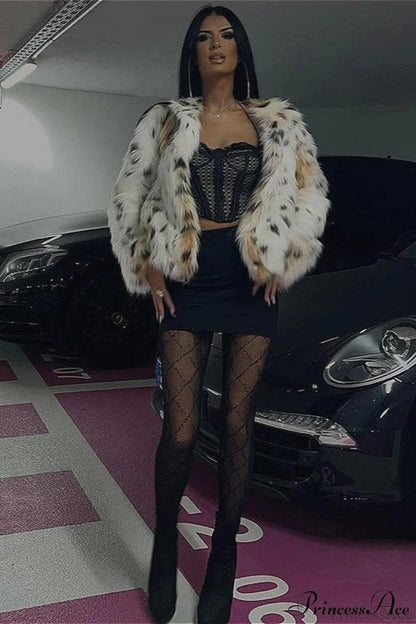 Leopard Print Faux Fur Long-sleeve Warm Coat