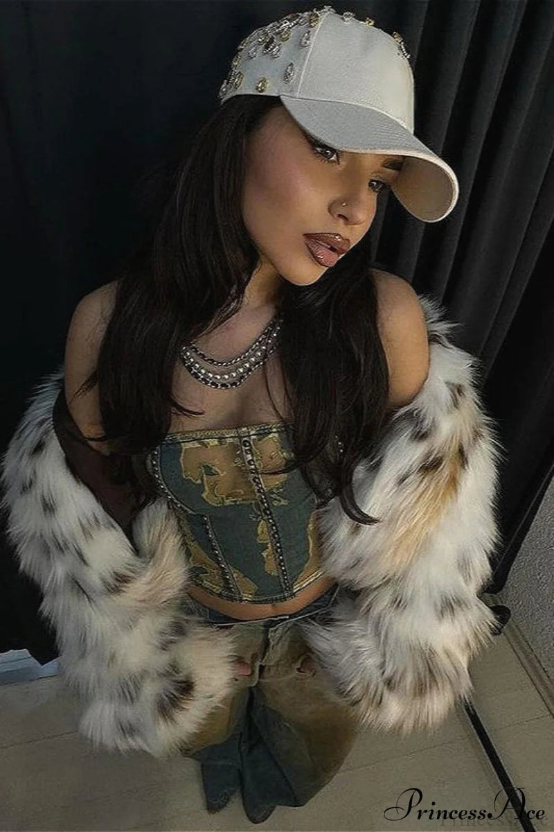 Leopard Print Faux Fur Long-sleeve Warm Coat