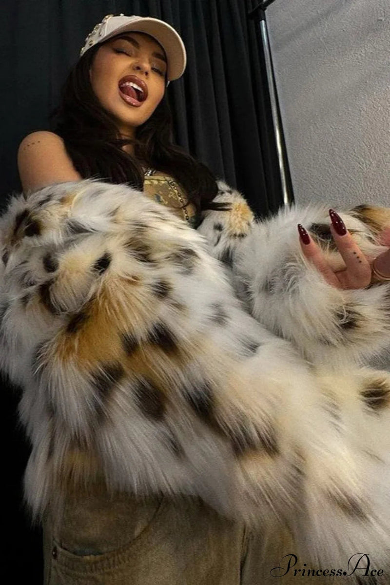 Leopard Print Faux Fur Long-sleeve Warm Coat