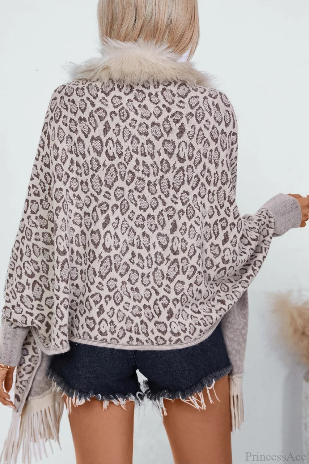 Leopard Print Fur Collar Shawl Batwing Knit Coat