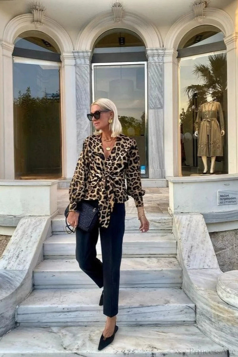 Leopard Print V-neck Tie Long Sleeve Blouse