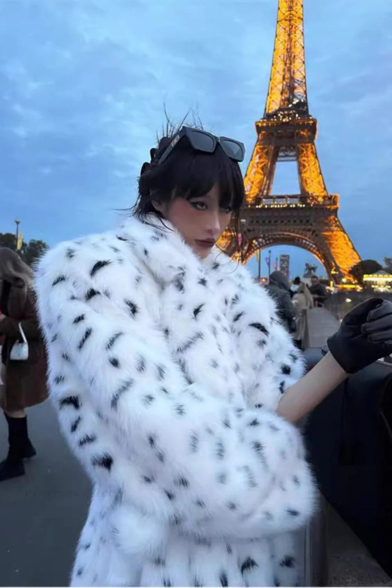 Leopard Print Warm Faux Fox Fur Notched Collar Loose Overcoat