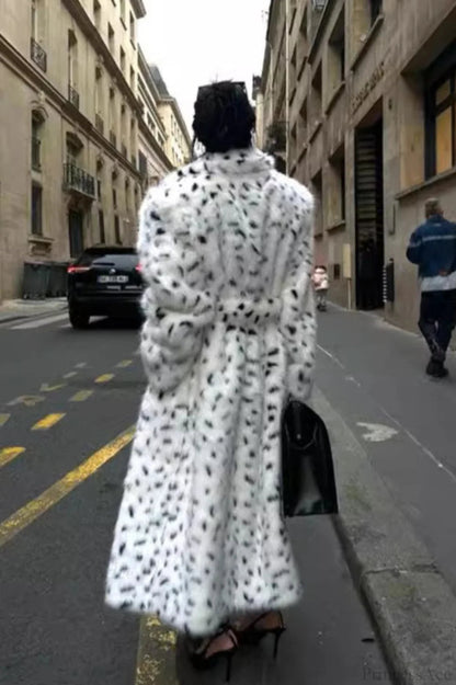 Leopard Print Warm Faux Fox Fur Notched Collar Loose Overcoat