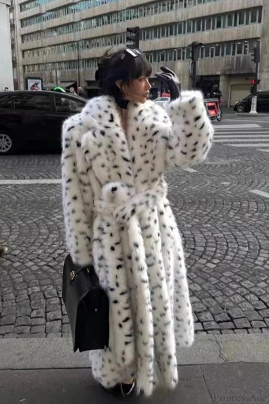Leopard Print Warm Faux Fox Fur Notched Collar Loose Overcoat