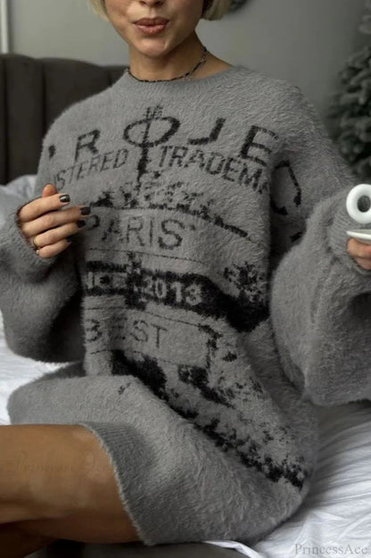 Letter Crew Neck Loose Mid Long Knit Sweater