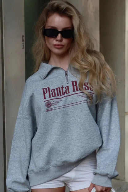 Letter Print Relaxed Convertible Collar Half-zip Sweatshirt