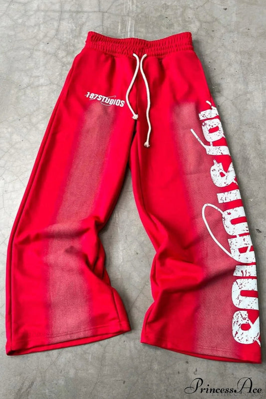 Letter Print Y2k Elastic Waist Straight Pants