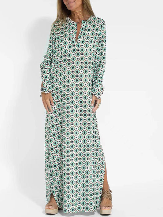 Long Sleeves V Neck Geometric Printed Maxi Dress