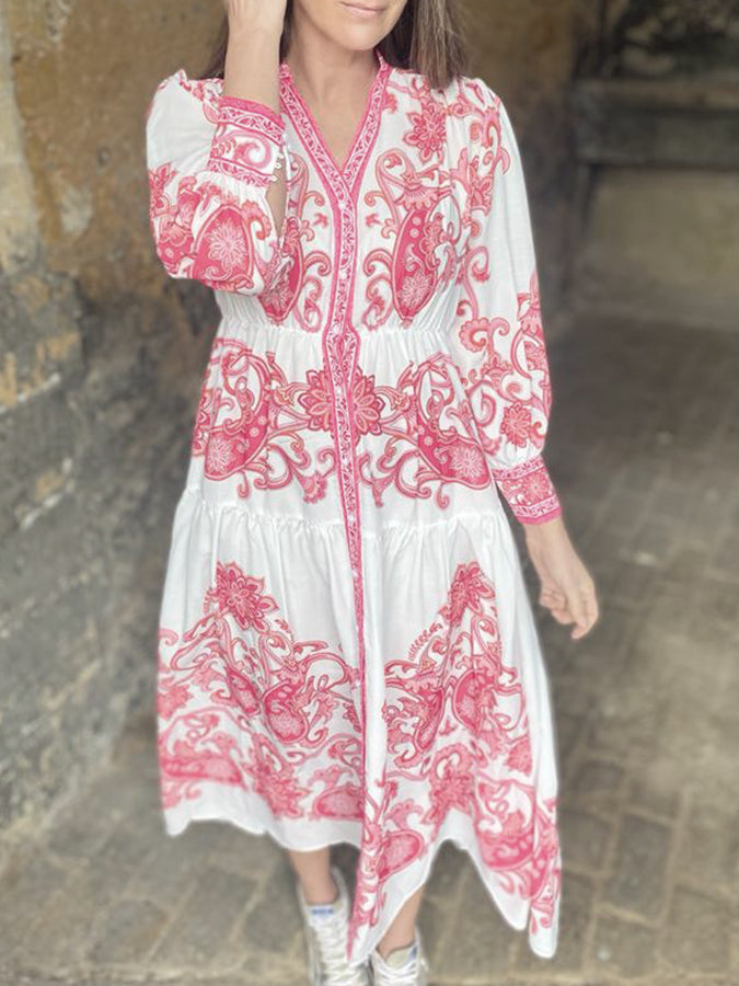 Tribal Printed V Neck Long Sleeves Maxi Dress