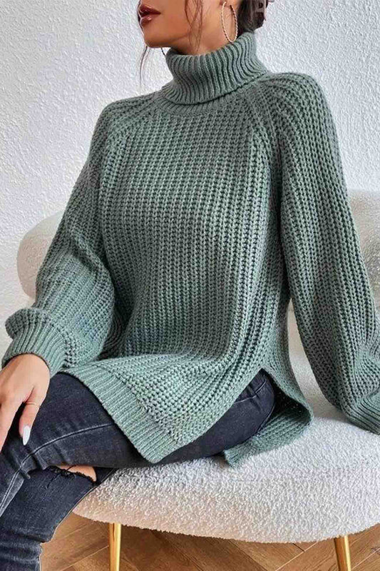 Raglan Sleeve Turtleneck Slit Mid-length Sweater