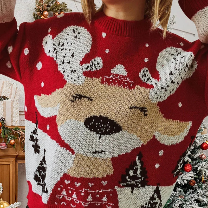Long Sleeve Elk Snowflake Pattern Loose Knit Christmas Sweater