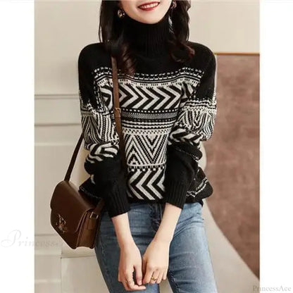 Loose Versatile Fashionable High Neck Red Christmas Sweater