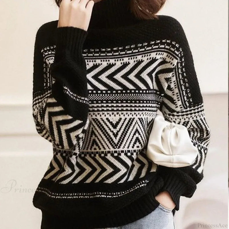 Loose Versatile Fashionable High Neck Red Christmas Sweater