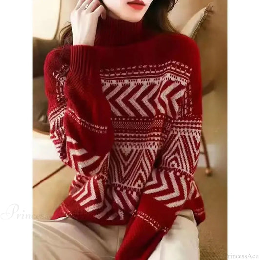 Loose Versatile Fashionable High Neck Red Christmas Sweater