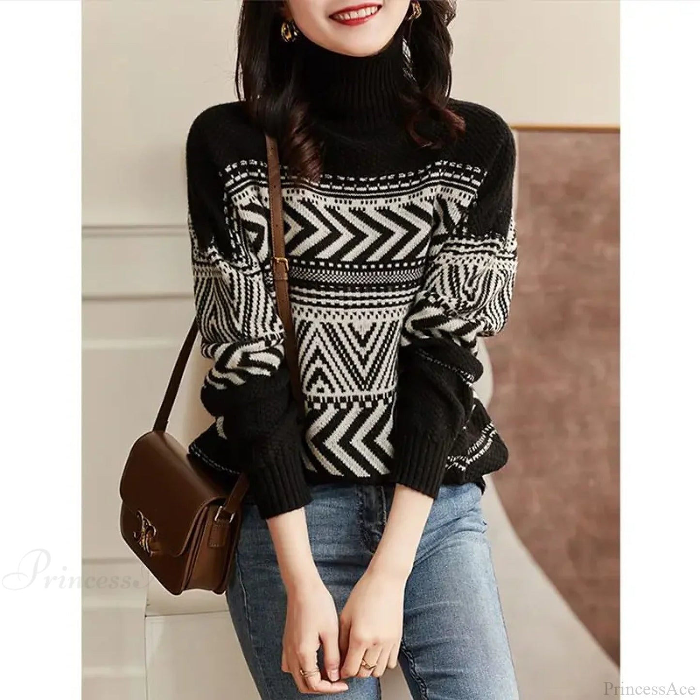 Loose Versatile Fashionable High Neck Red Christmas Sweater