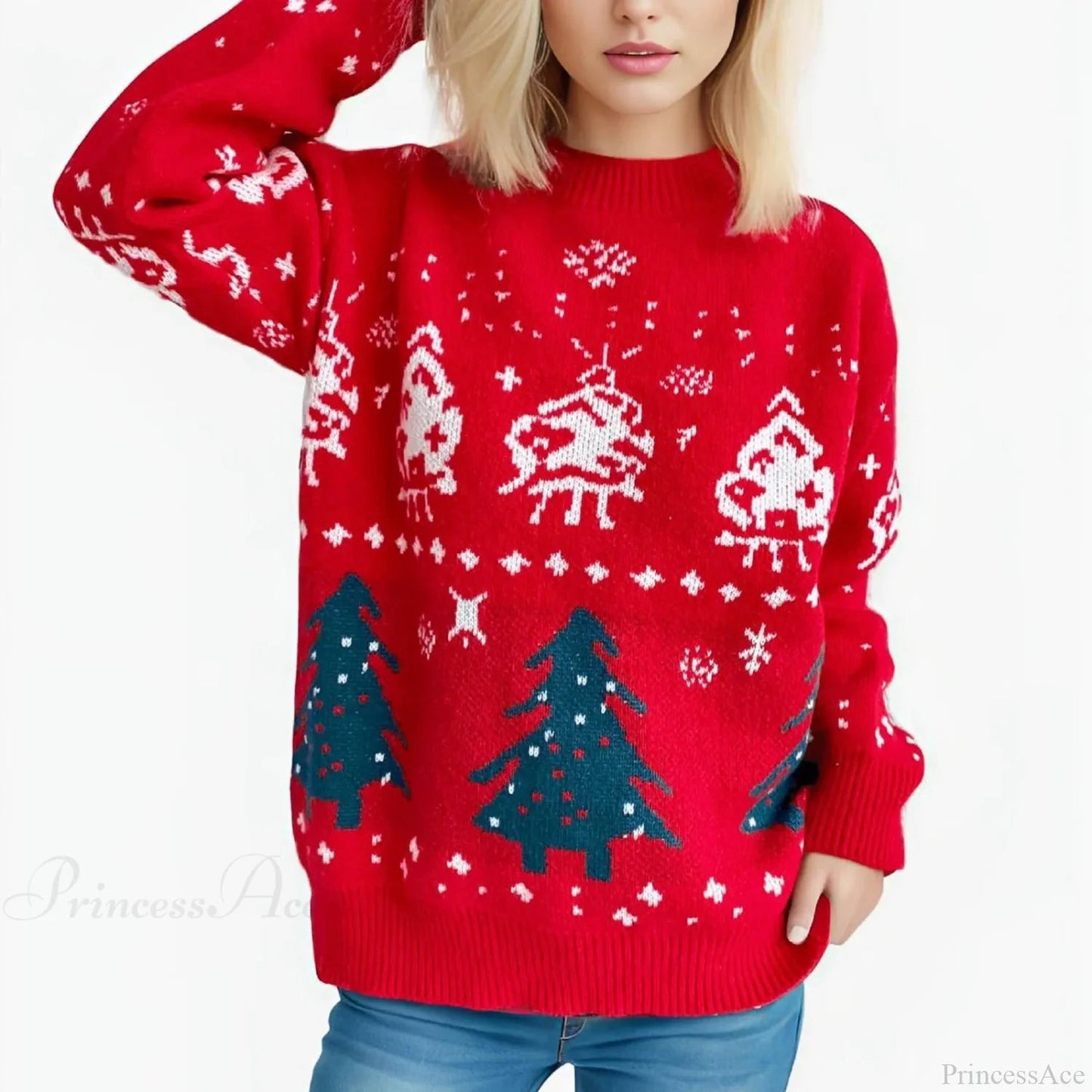 Loose-fit Thickened Red Winter Style Knitted Pullover Christmas Sweater