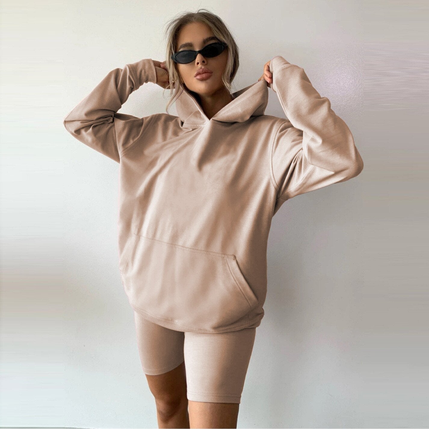 Loose Long Sleeve Sweatshirt Top Hoodie and Biker Shorts