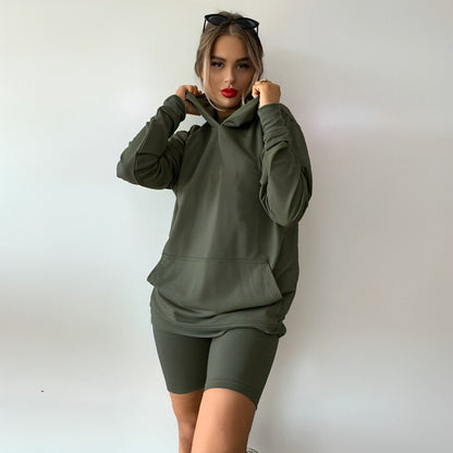 Loose Long Sleeve Sweatshirt Top Hoodie and Biker Shorts