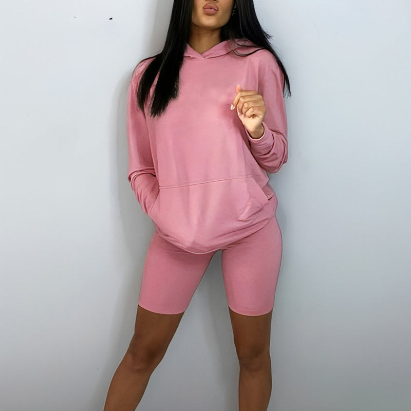 Loose Long Sleeve Sweatshirt Top Hoodie and Biker Shorts