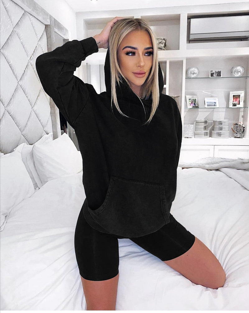 Loose Long Sleeve Sweatshirt Top Hoodie and Biker Shorts