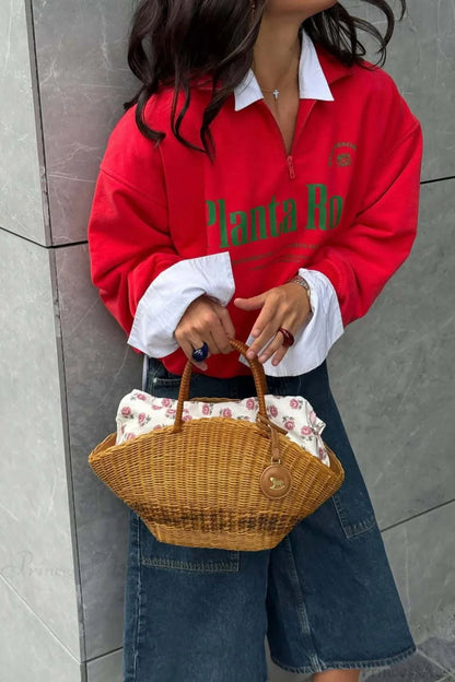 Loose Red Script Half-zip Ls Sweatshirt