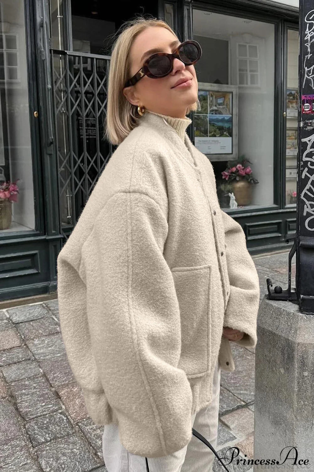 Loose Stand Collar Textured Wool Coat