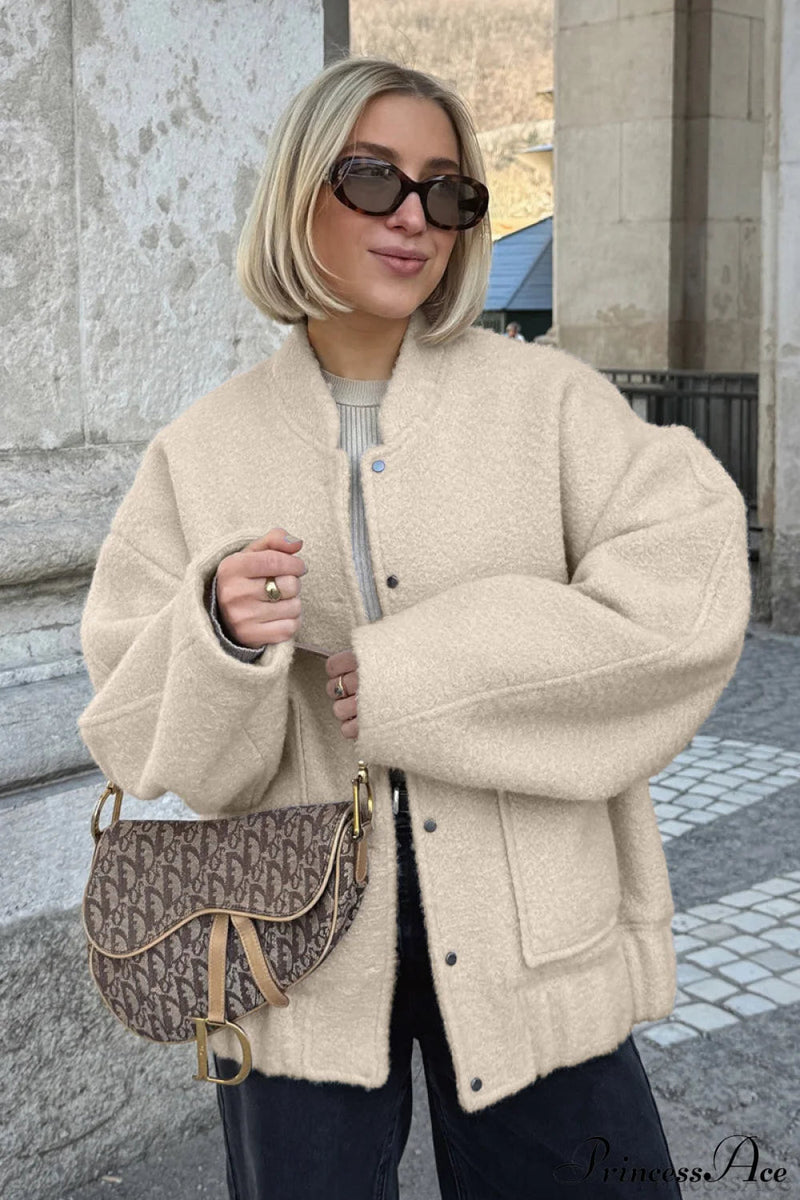 Loose Stand Collar Textured Wool Coat