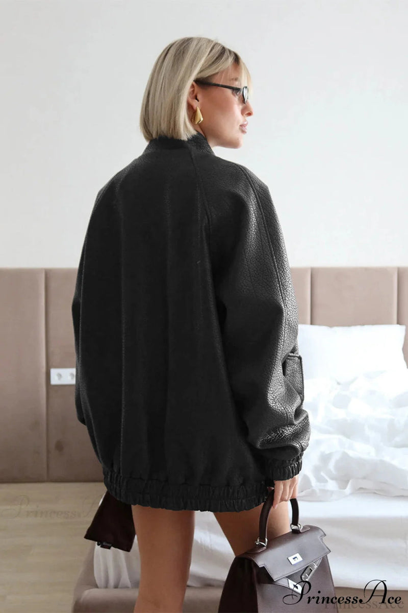 Loose Stand Collar Zipper Textured Pu Leather Coat