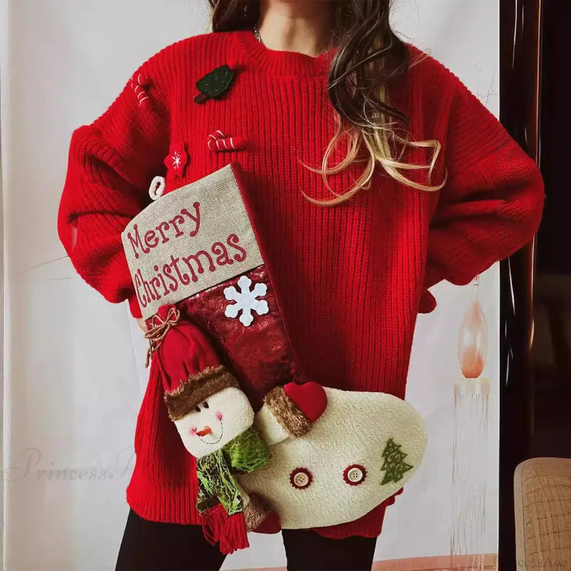Loose Thickened Red Christmas Snowman Doll Pocket Christmas Sweater