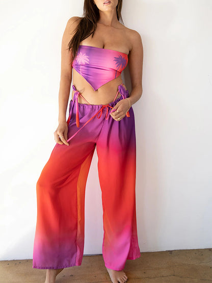 Grandient Palm Tree Printed Bikini and Pants Cover-up