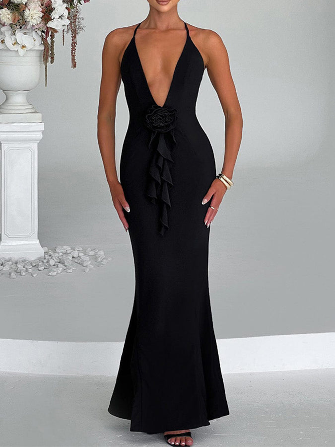 Plunge Backless Halter Slim Evenning Maxi Dress