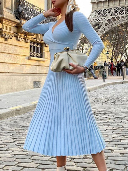 Knitted Long Sleeves V Neck Maxi Dress