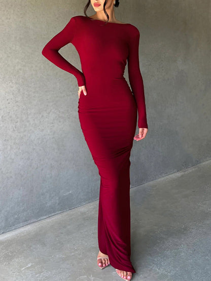 Long Sleeves V Neck Slim Maxi Dress