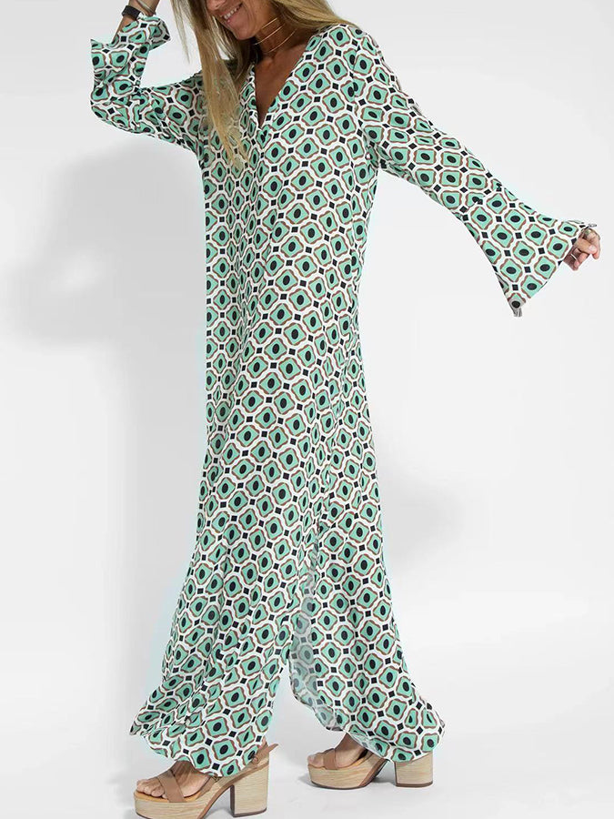 Long Sleeves V Neck Geometric Printed Maxi Dress
