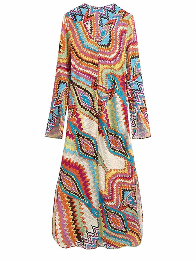 Long Sleeves V Neck Printed Lace-up Maxi Dress