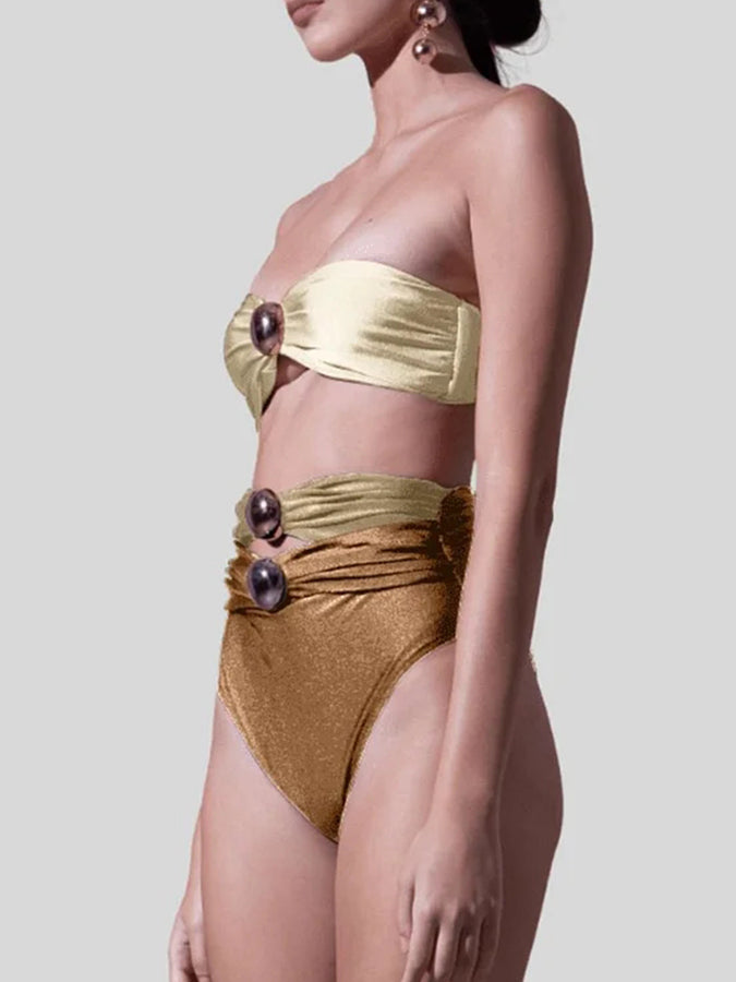 Sling Color Block Cutout High Waist Bikini Swimsuit and Skirt