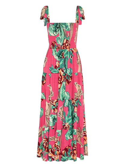 Leaves Printed Tie-shoulder Sleeveless Holiday Maxi Dress