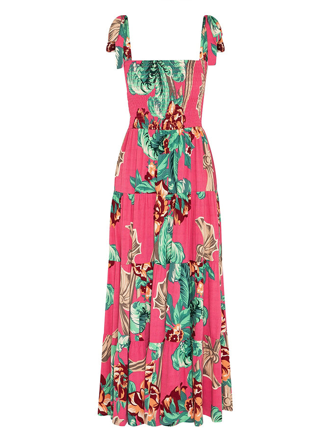 Leaves Printed Tie-shoulder Sleeveless Holiday Maxi Dress