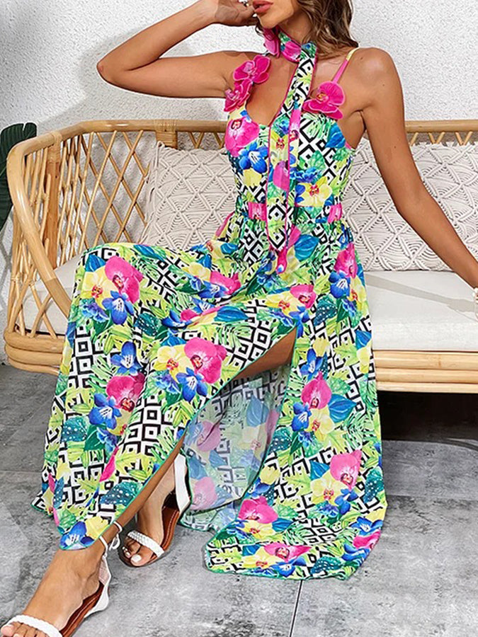 3d Orchid One Piece Swimsuit With Neck Scarf and Skirt